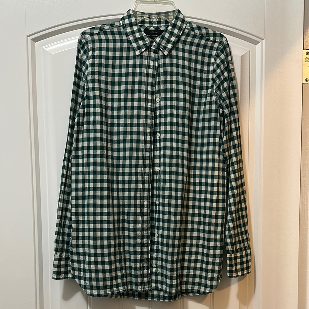J. Crew Forest Green and White Plaid Women's Boy Fit Shirt